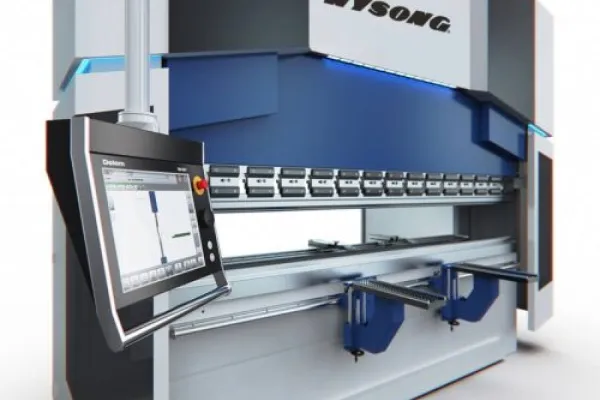 Close-up of a Wysong press brake with digital controls.